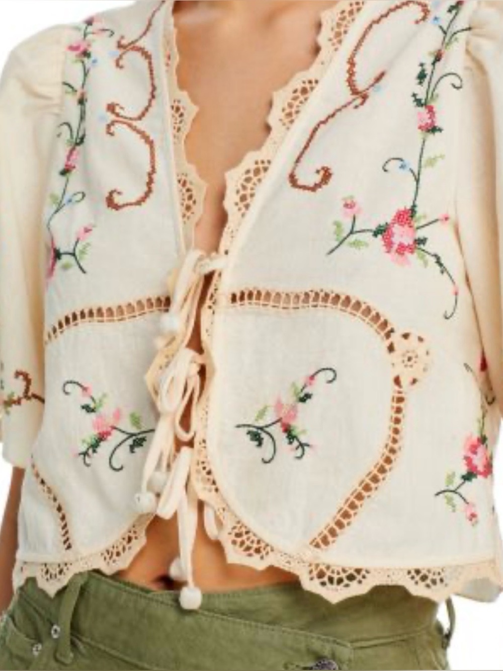 Jennifer & Grace Cream Lace-Trim Peasant Blouse